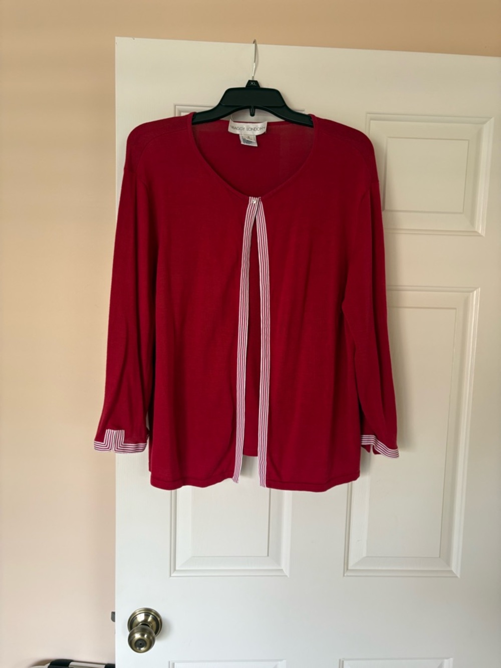 Maggy London Red Open-Front Cardigan with Striped Trim